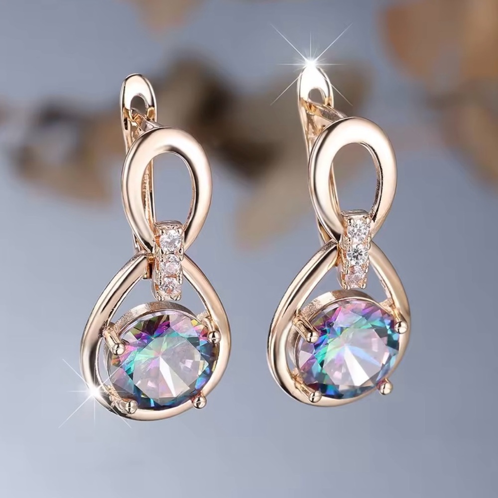 Rose Gold Water Drop Colorful Natural Zirconia Earrings - Picture 2 of 7